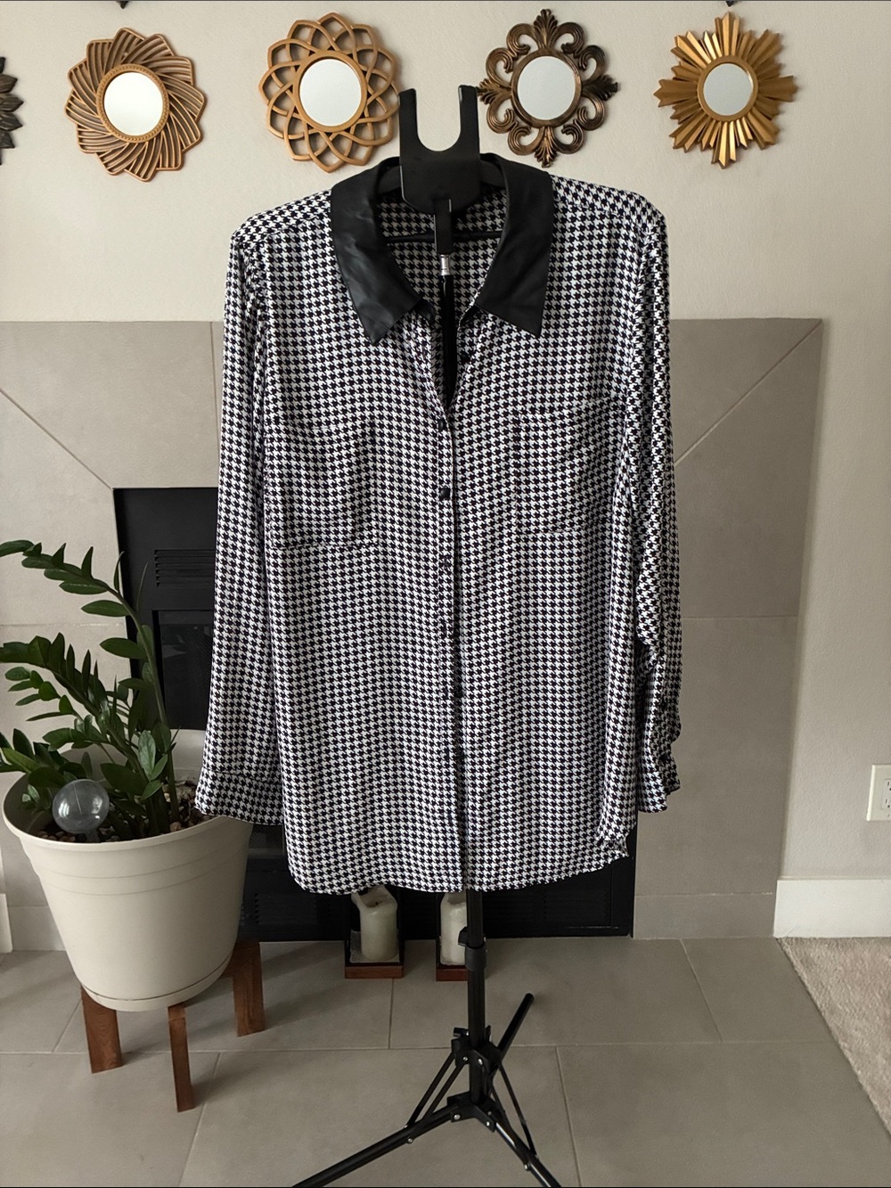 Black & White Houndstooth Button-Up Shirt with Faux Leather Black Collar